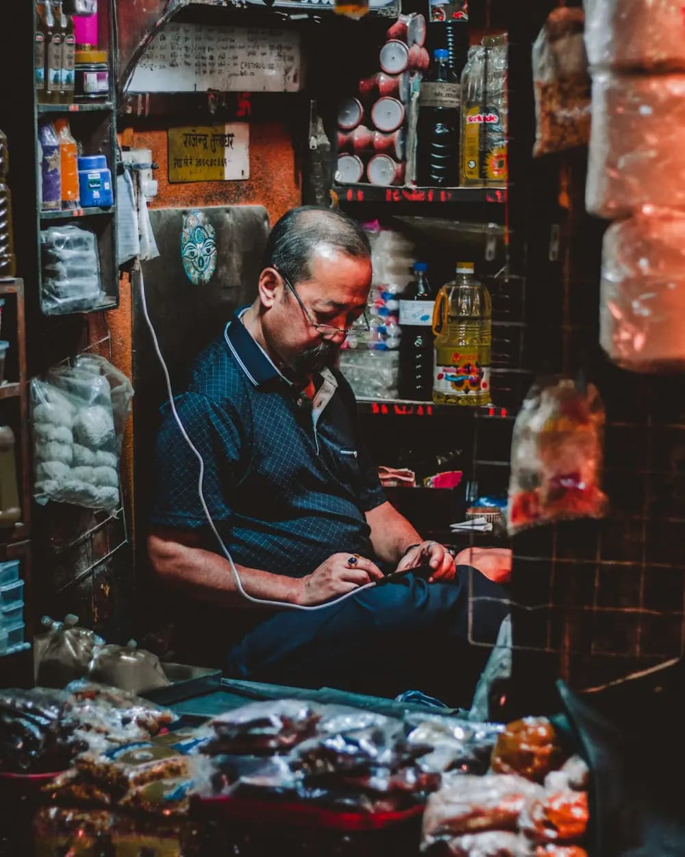 A shopkeeper in Thamel looking at his phone among the goods on his shelves